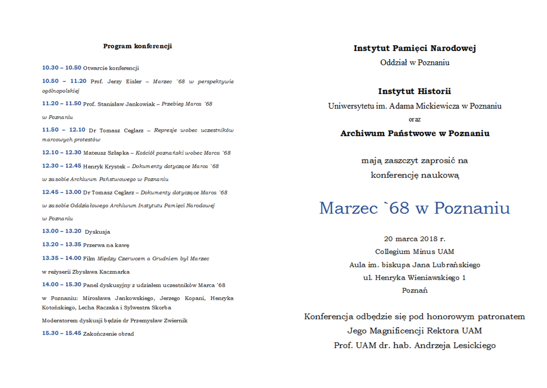 Program konferencji Marzec ’68 w Poznaniu
