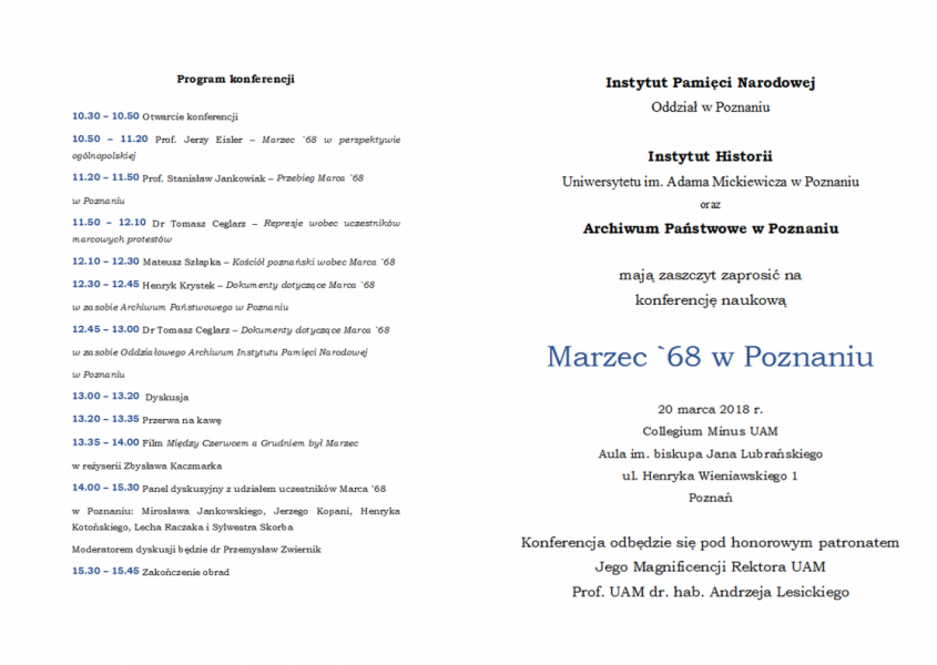 Program konferencji Marzec ’68 w Poznaniu