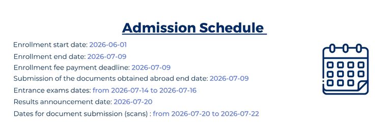 Admission schedule with key dates for enrolment, fee payment, document submission, entrance exam and results; calendar icon on the right