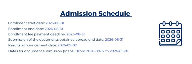 Admission schedule with key dates for enrolment, fee payment, document submission, entrance exam and results; calendar icon on the right