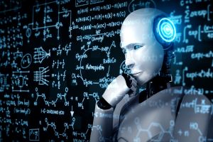 Humanoidalny robot w słuchawkach analizujący skomplikowane wzory matematyczne, chemiczne i fizyczne wyświetlone na wirtualnej tablicy