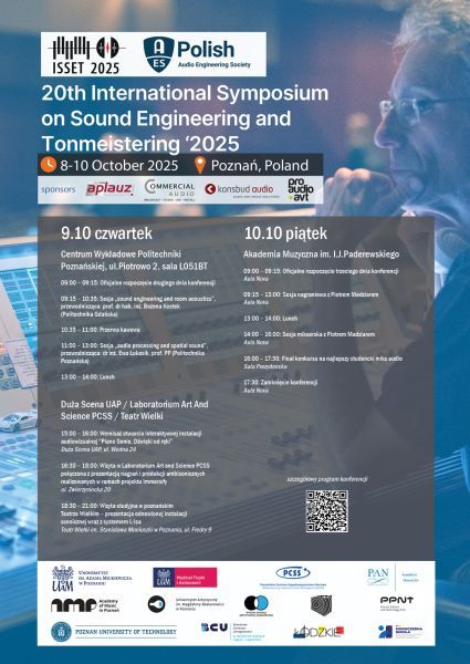 Poster for the 20th International Symposium on Sound Engineering and Tonmeistering '2025' in Poznań, Poland, 8–10 October. Background shows a person adjusting audio equipment, symbolizing sound engineering. Day 1 schedule includes expert talks and panels. Logos of sponsors and academic partners frame the layout, emphasizing collaboration and industry relevance.