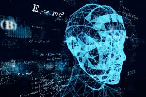 A digital illustration of a head made of a grid of points and lines symbolising artificial intelligence, with mathematical and physical patterns in the background.