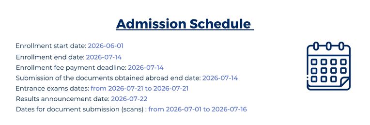 Admission schedule with key dates for enrolment, fee payment, document submission, entrance exam and results; calendar icon on the right