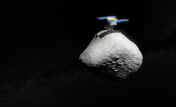 An artistic representation of the Japanese Hayabusa2 space mission landing on the surface of asteroid 1998 KY26