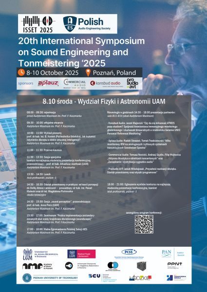 Poster for the 20th International Symposium on Sound Engineering and Tonmeistering '2025' in Poznań, Poland, 8–10 October. Background shows a person adjusting audio equipment, symbolizing sound engineering. Day 1 schedule includes expert talks and panels. Logos of sponsors and academic partners frame the layout, emphasizing collaboration and industry relevance.