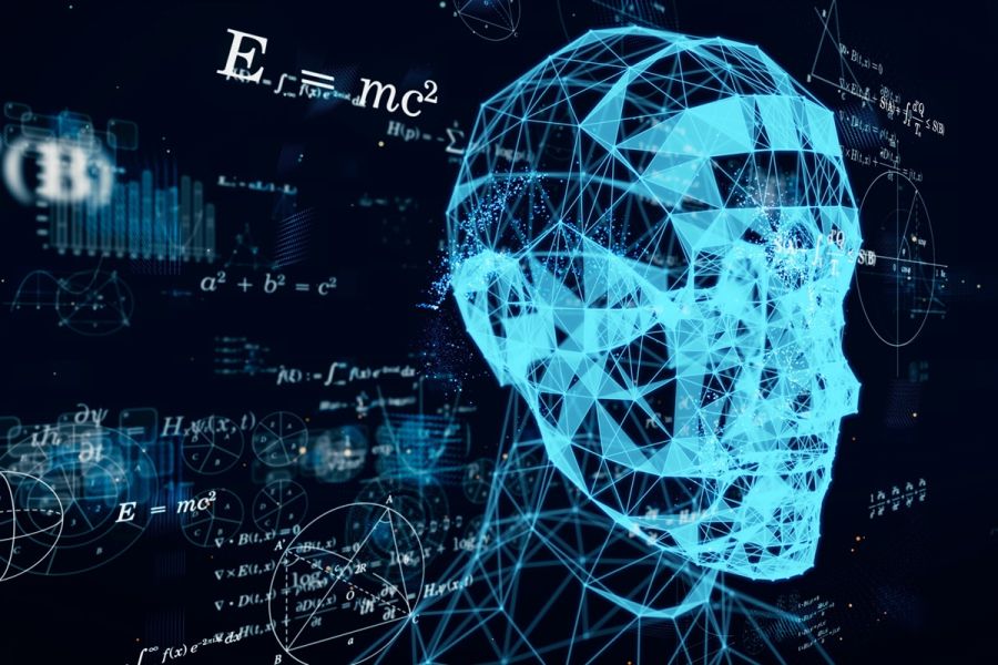 Cyfrowa ilustracja głowy z siatki punktów i linii symbolizująca sztuczną inteligencję, w tle wzory matematyczne i fizyczne.