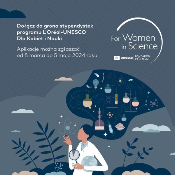 Grafika - na szarym tle sylwetka kobiety-naukowczyni i napis Dołącz do grona stypendystek programu L’Oréal-UNESCO Dla Kobiet i Nauki.