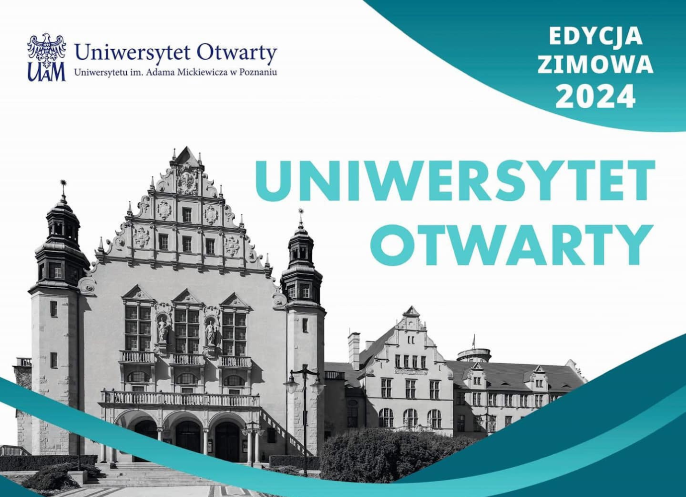 Budynek Collegium Minus. Po prawej stronie napis: Uniwersytet Otwarty. Edycja zimowa 2024