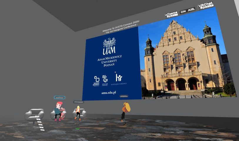 A virtual reality conference room showing a slide for 