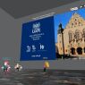 A virtual reality conference room showing a slide for 