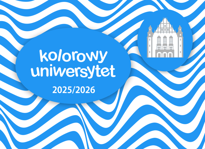 Na tle falistego wzoru w niebiesko-białych barwach znajduje się niebieski owal z napisem ‘kolorowy uniwersytet 2025/2026’ oraz okrąg z ilustracją budynku Collegium Minus UAM