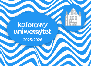 Na tle falistego wzoru w niebiesko-białych barwach znajduje się niebieski owal z napisem ‘kolorowy uniwersytet 2025/2026’ oraz okrąg z ilustracją budynku Collegium Minus UAM
