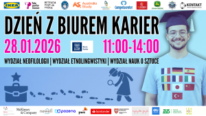 Plakat wydarzenia „Dzień z Biurem Karier” na UAM – 28 stycznia 2026, godz. 11:00–14:00, z udziałem wydziałów neofilologii, etnolingwistyki i nauk o sztuce; po prawej uśmiechnięty absolwent w birecie.