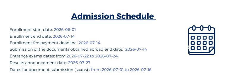 Admission schedule with key dates for enrolment, fee payment, document submission, entrance exam and results; calendar icon on the right