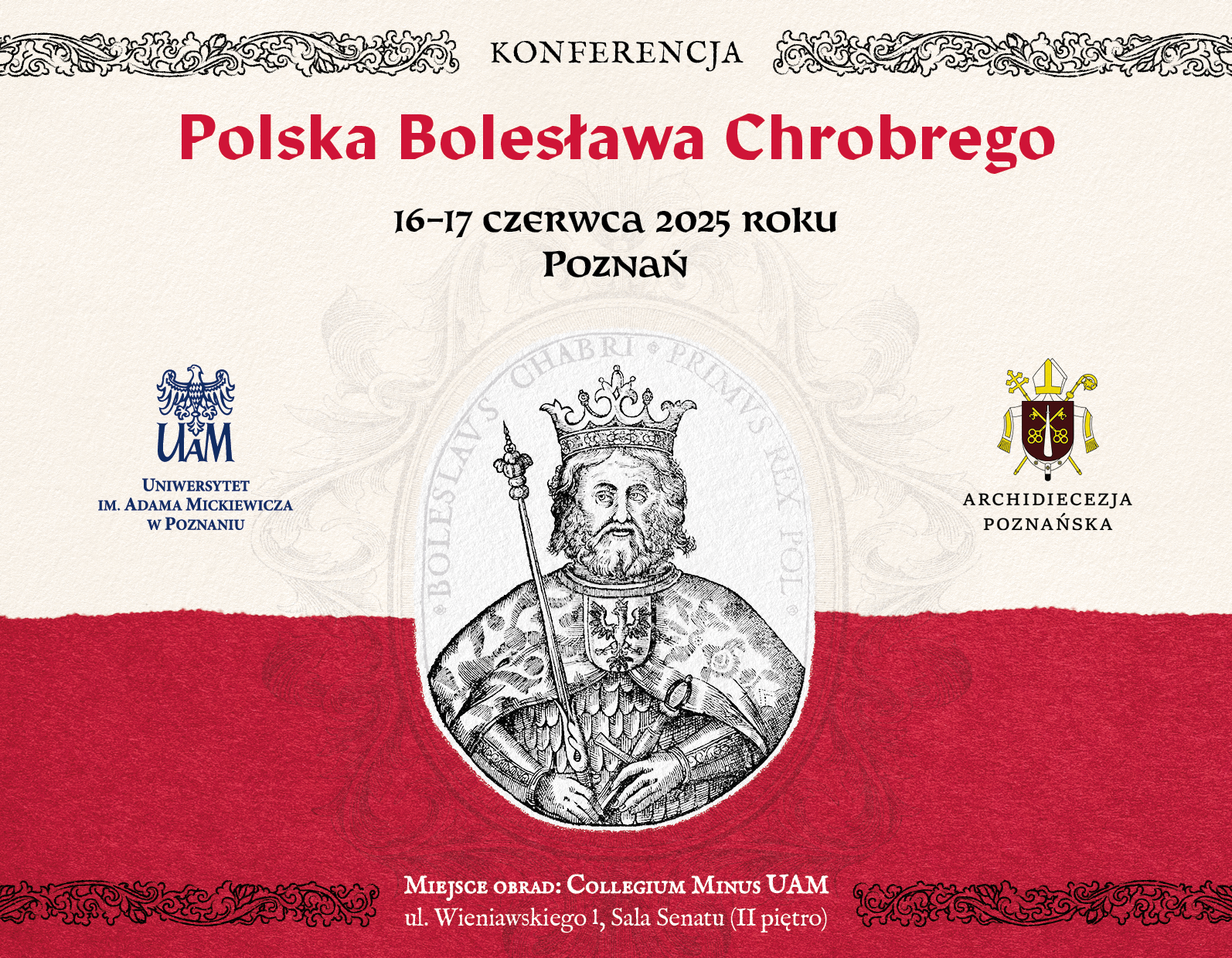 Grafika promocyjna konferencji. W centralnej części portret Bolesława Chrobego.