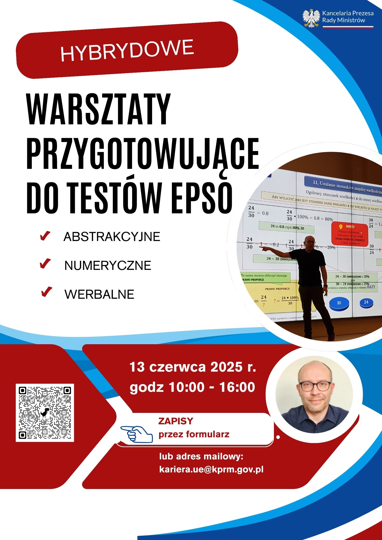 Plakat informujący o hybrydowych warsztatach przygotowujących do testów EPSO (abstrakcyjnych, numerycznych i werbalnych), które odbędą się 13 czerwca 2025 r. w godz. 10:00–16:00.