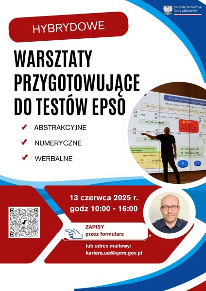 Plakat informujący o hybrydowych warsztatach przygotowujących do testów EPSO (abstrakcyjnych, numerycznych i werbalnych), które odbędą się 13 czerwca 2025 r. w godz. 10:00–16:00.