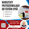 Plakat informujący o hybrydowych warsztatach przygotowujących do testów EPSO (abstrakcyjnych, numerycznych i werbalnych), które odbędą się 13 czerwca 2025 r. w godz. 10:00–16:00.
