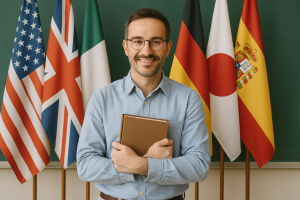 A teacher standing in front of the US, British, Italian, German, Japaniese and Spanish flag