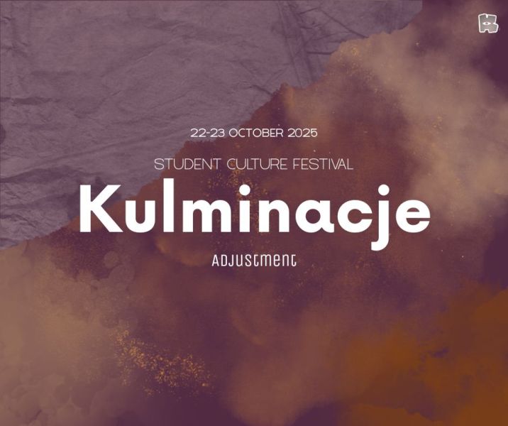 Poster for Kulminacje – Student Culture Festival, themed Adjustment, taking place on 22–23 October 2025. The design features a textured purple and brown abstract background with light smoke-like patterns. The event title “Kulminacje” is written in large white letters, with smaller text above and below providing details and theme.