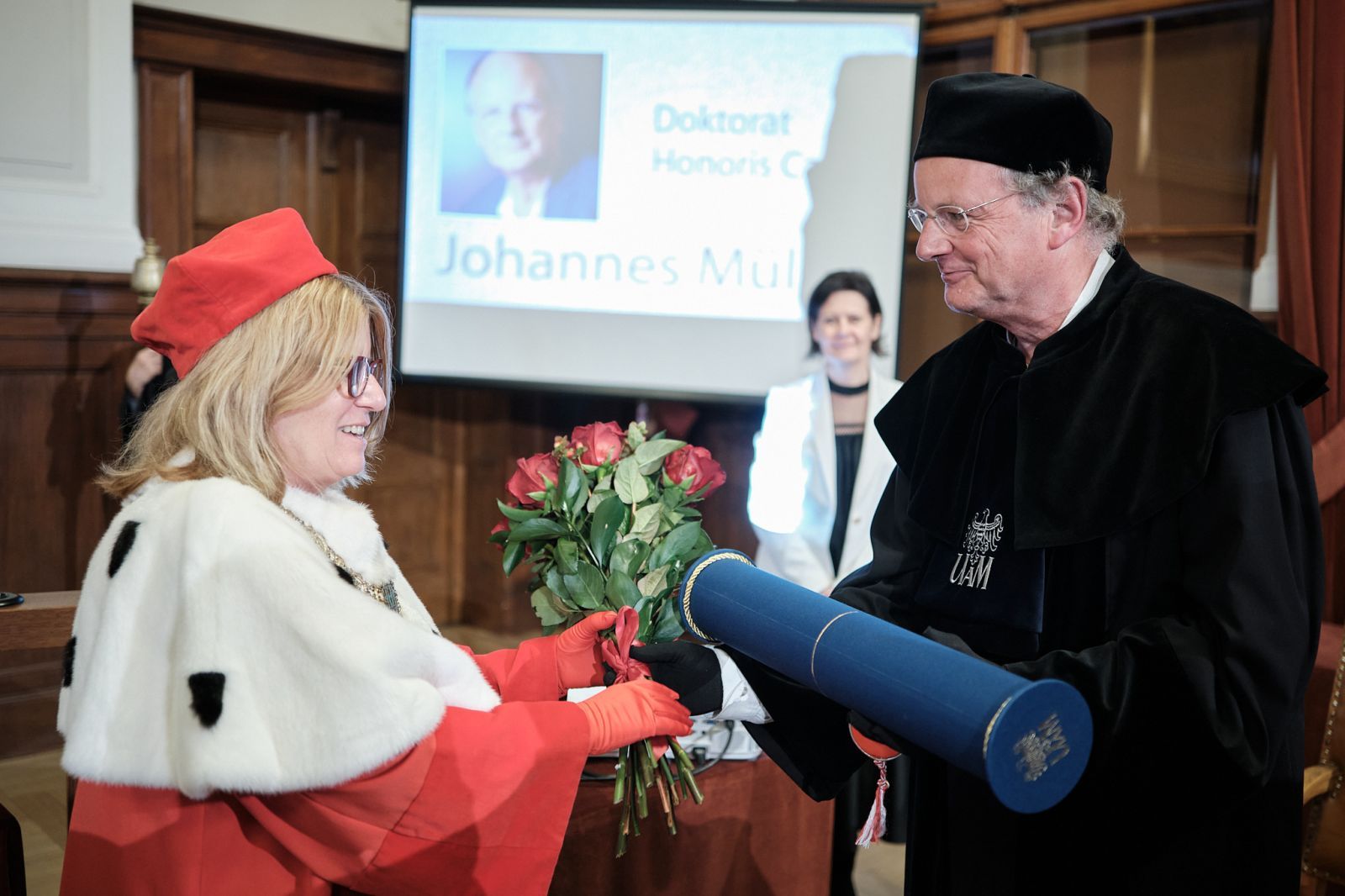 The Presentation Ceremony of AMU Honorary Doctorate to Prof. Johannes Muller. The event took place in the Lubrański Hall in the Collegium Minus Building.