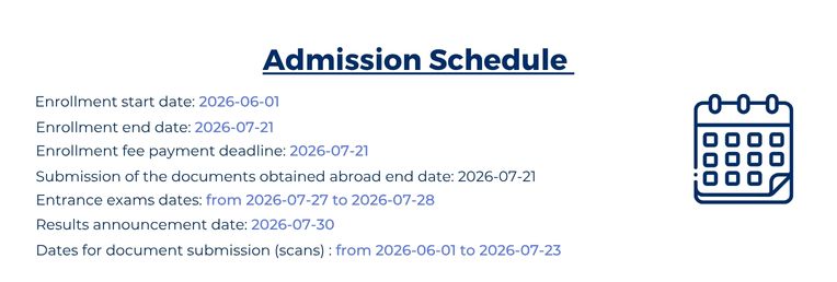 Admission schedule with key dates for enrolment, fee payment, document submission, entrance exam and results; calendar icon on the right