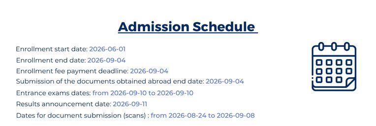Admission schedule with key dates for enrolment, fee payment, document submission, entrance exam and results; calendar icon on the right