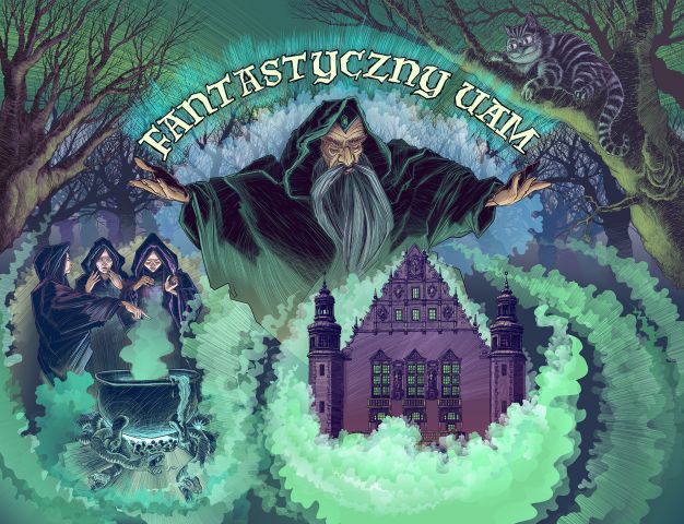 Fantazyjna ilustracja z czarodziejem, kotem, wiedźmami przy kotle i Collegium Minus UAM w mrocznym lesie.