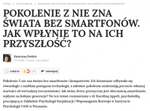Pokolenie Z nie zna świata bez smartfonów - rozmowa z dr Karoliną Appelt na portalu Interia.pl