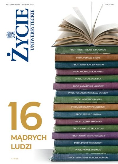 Okładka Życia Uniwersyteckiego. Na okładce stos książek, na ich grzbietach nazwiska pracowników UAM, a obok napis "16 mądrych ludzi"
