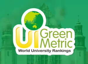 UI GreenMetric World University Rankings logo featuring a green and yellow globe above stylized initials, displayed against a faded background of a historic university building