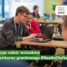 Młodzi uczestnicy pracujący przy stole z laptopem i smartfonem podczas warsztatów; grafika informująca o starcie naboru wniosków do konkursu grantowego #NestleDlaNauki.