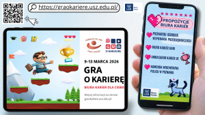 Grafika promująca wydarzenie „Gra o karierę” (9–13 marca 2026) – na tablecie widoczna plansza w stylu gry platformowej z postacią studenta i hasłem „Gra o karierę. Biura karier dla Ciebie”, obok smartfon z listą propozycji Biura Karier.