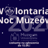 Grafika promująca wolontariat podczas Nocy Muzeów 2026 w Muzeum Uniwersytetu im. Adama Mickiewicza w Poznaniu, z informacją o naborze zgłoszeń do 15 kwietnia.