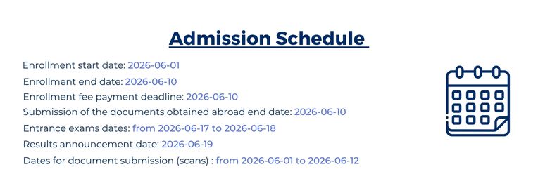 Admission schedule with key dates for enrolment, fee payment, document submission, entrance exam and results; calendar icon on the right