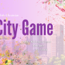 Promotional poster for a Polish–Ukrainian “City Game” event. The design features a soft pastel-purple background with a faint city skyline illustration in the center. Large purple text reading “City Game” dominates the poster, with “Polish–Ukrainian” displayed above it. Event details below state that it will take place at the AMU Welcome Centre on 10 June at 10 o’clock. Watercolor-style flowers in shades of pink, orange, yellow, and purple decorate the corners and edges, creating a vibrant, spring-themed appearance. The Adam Mickiewicz University and NAWA logos appear in the bottom-right corner.