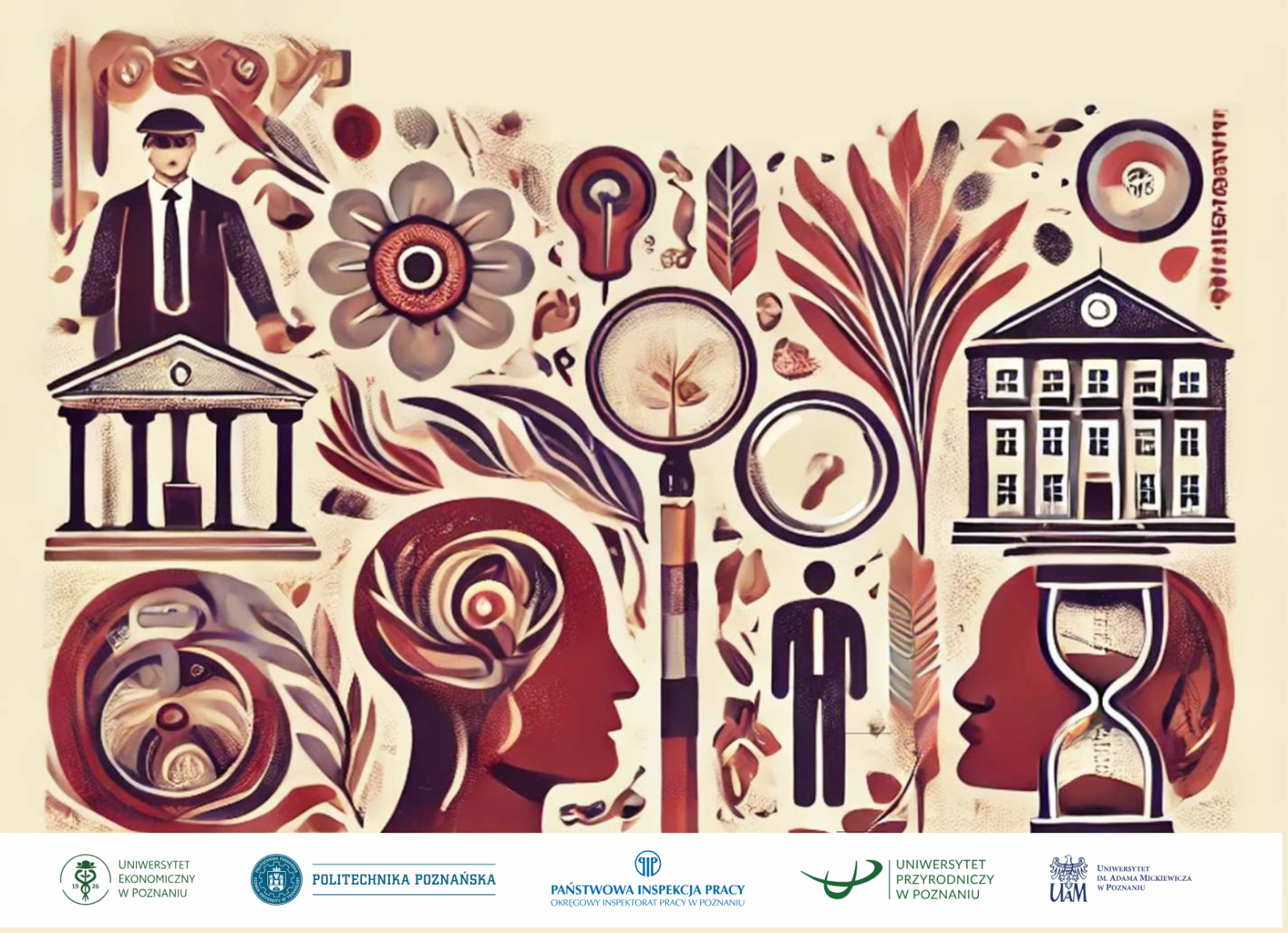 Ilustracja symbolizująca edukację, naukę i rozwój, z postaciami i motywami roślinnymi oraz logotypami organizatorów wydarzenia.