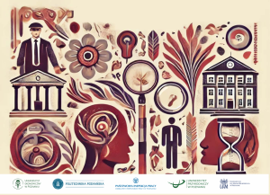 Ilustracja symbolizująca edukację, naukę i rozwój, z postaciami i motywami roślinnymi oraz logotypami organizatorów wydarzenia.