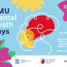 Colorful poster for AMU Mental Health Days on October 23–24. Abstract brain illustration in red, yellow, and white lines is surrounded by organic shapes in bright colors. Event details: October 23 – Live Broadcast; October 24 – Morasko Campus (9 a.m.–5 p.m.), Ogrody Campus (9 a.m.–12 p.m.), SWFiS (9 a.m.–12 p.m.). Logos for Adam Mickiewicz University and AMU Mental Health Day appear at the bottom with the website www.amu.edu.pl