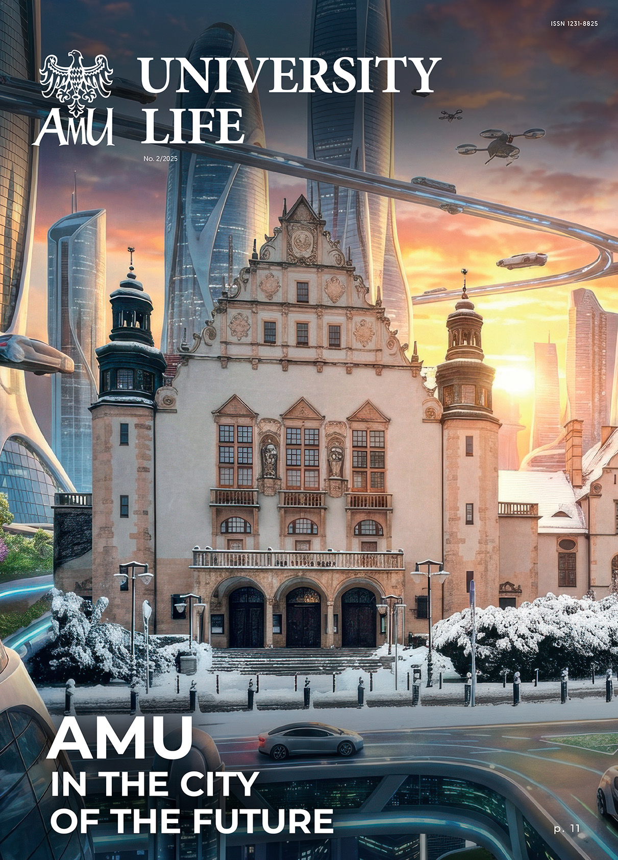 Cover of University AMU Life magazine (No. 2/2025) showing Adam Mickiewicz University in Poznań set in a futuristic cityscape, blending historic university architecture with modern skyscrapers, advanced transport systems, and winter scenery under a sunset sky