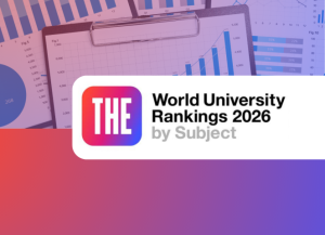 Promotional graphic for THE World University Rankings 2026 by Subject. The design features colorful bar graphs, pie charts, and line graphs on a dark background, symbolizing data analysis and academic performance. The bold title highlights the subject-specific rankings published by Times Higher Education
