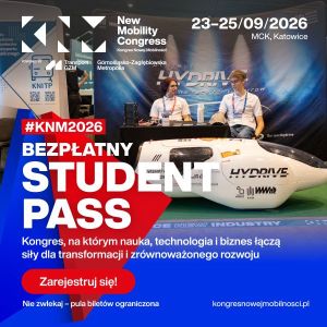  The promotional artwork for the New Mobility Congress 2026 offers a free ‘Student Pass’ for the event in Katowice on 23–25 September 2026; the image shows an exhibition stand featuring two people and a futuristic vehicle.