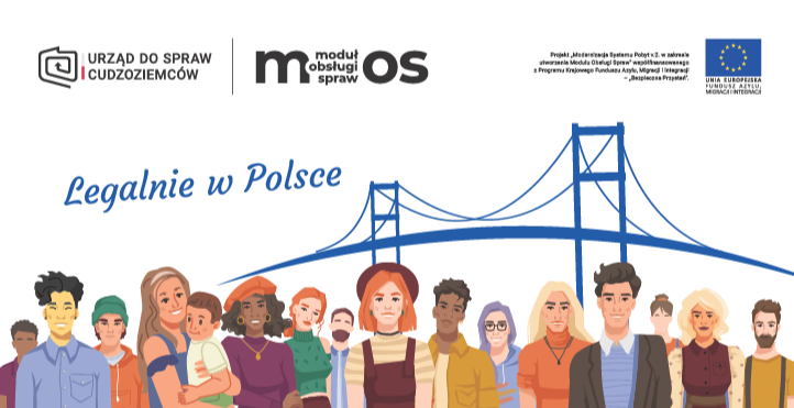 Baner informacyjny „Legalnie w Polsce” z logo Urzędu do Spraw Cudzoziemców i modułu obsługi spraw MOS; na ilustracji widać grupę różnorodnych osób na tle mostu.