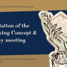 Poster announcing the “Presentation of the Publishing Concept & Culinary meeting” event at the AMU Welcome Centre on 25 May at 12:00 p.m. and 4:00 p.m. The design uses dark blue and beige colors with large serif text on the left and an artistic illustration of a hand holding a book on the right, created from layered handwritten manuscript textures and black floral line art. Smaller text at the bottom notes that the publishing concept presentation will be conducted in Polish and Ukrainian, while the culinary meeting will be in English. Logos of Adam Mickiewicz University and NAWA appear in the top-right corner.