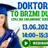 Grafika promująca webinar. W lewej części zdjęcie młodej kobiety ubranej w strój absolwenta.