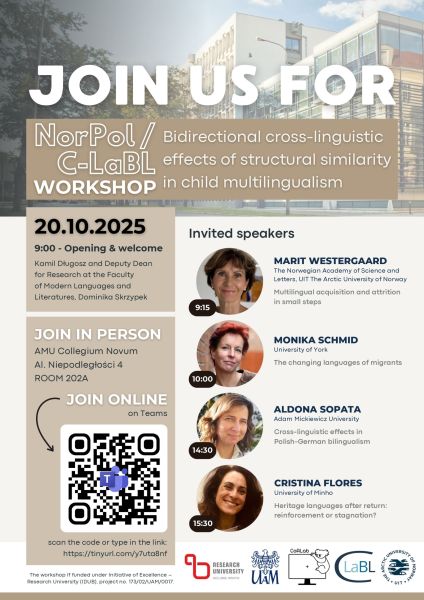 Promotional poster for the NorPol / C-LaBL Workshop on child multilingualism, scheduled for October 20, 2025, at AMU Collegium Novum, Room 202A, and online via Microsoft Teams. Features invited speakers including Marit Westergaard, Monika Schmid, Aldona Sopata, and Cristina Flores, with topics on multilingual acquisition, heritage speakers, and bilingual classrooms. Background includes university buildings and a stylized globe. Logos of UiT, AMU, Research Council of Norway, and C-LaBL frame the design.