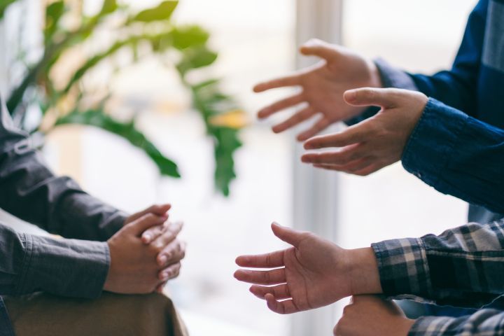Zbliżenie na gestykulujące dłonie osób podczas rozmowy.