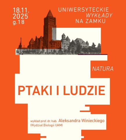 Plakat wykładu „Ptaki i ludzie” prof. Aleksandra Winieckiego, 18 listopada 2025 r., w ramach cyklu Uniwersyteckie Wykłady na Zamku.