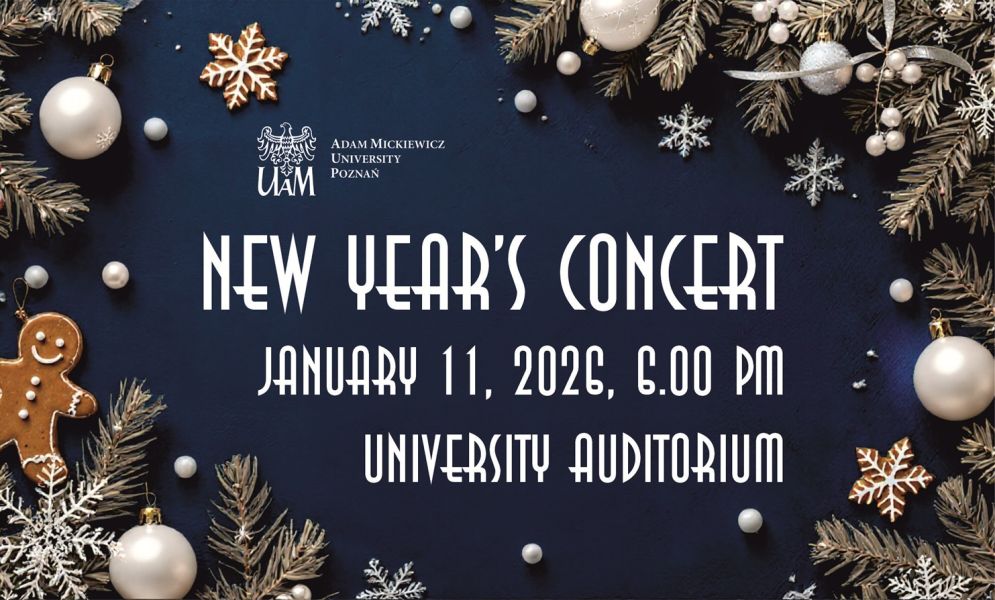  Poster promoting the AMU New Year's Concert – navy blue background with winter decorations, information about the date: 11 January 2026, 6 p.m., AMU Auditorium.